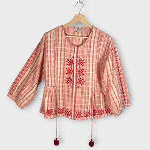 🍂🍁 See And Be Seen Top Blouse LARGE Boho Chic Tie Waist Embroidered Red Ivory